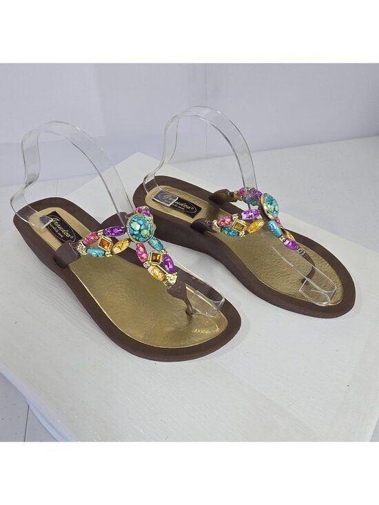 Grandco Shoes - Grandco Sandals Womens Size 8 Multicolor Beaded Jeweled Wedge Thong Shoes